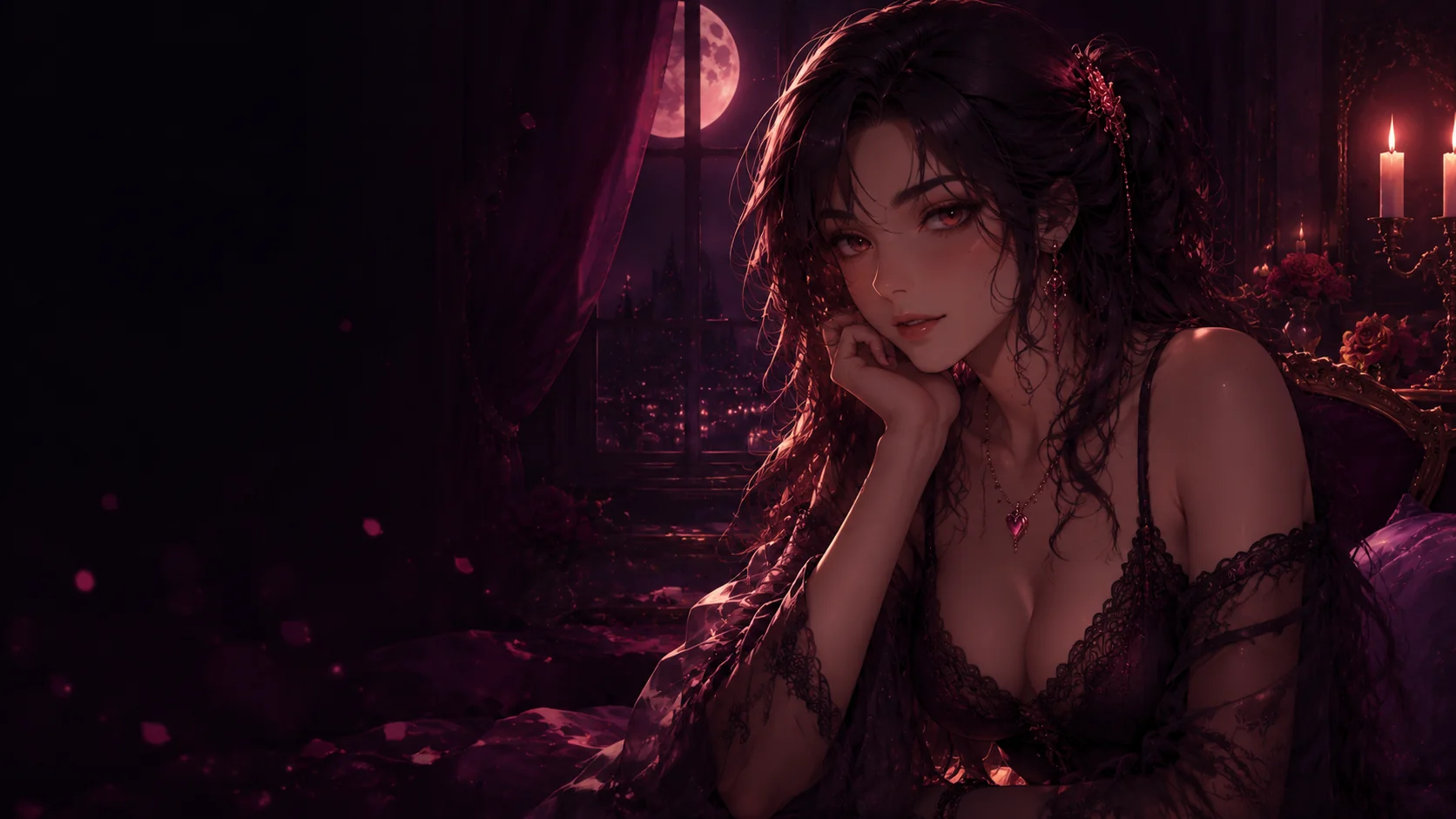 A semi-realistic anime companion in a moonlit gothic room